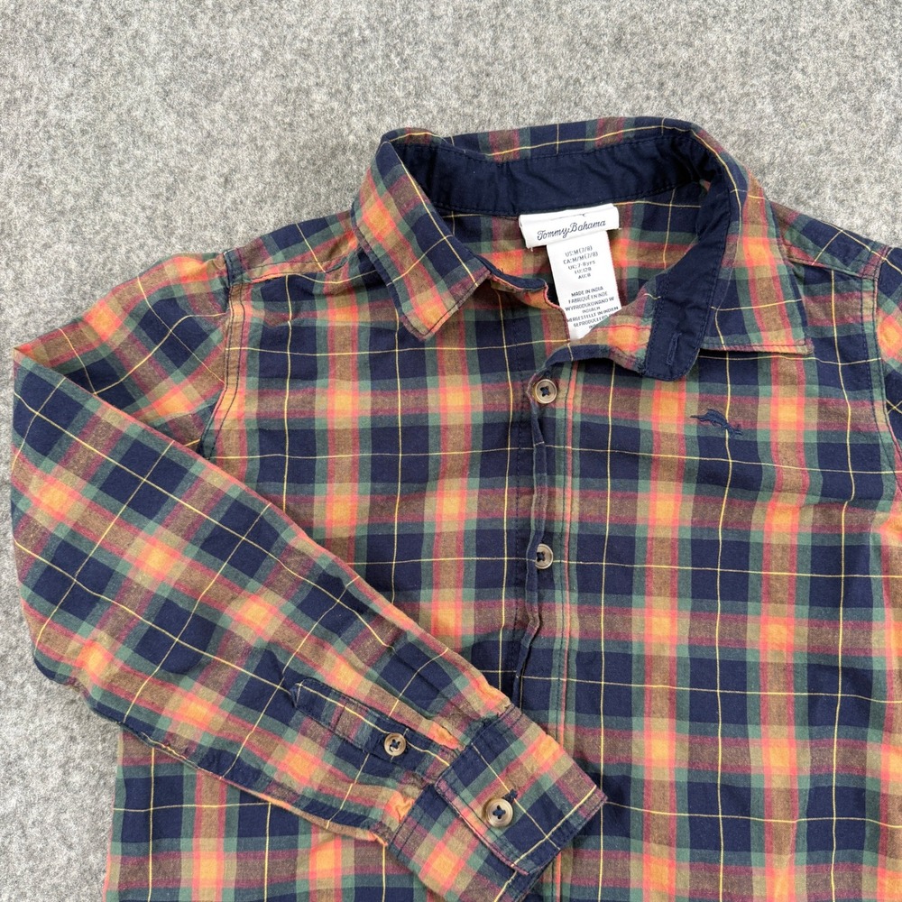 Tommy Bahama Button Down Shirt Boys M 7/8 Multi Color Plaid Long Sleeve Marlin